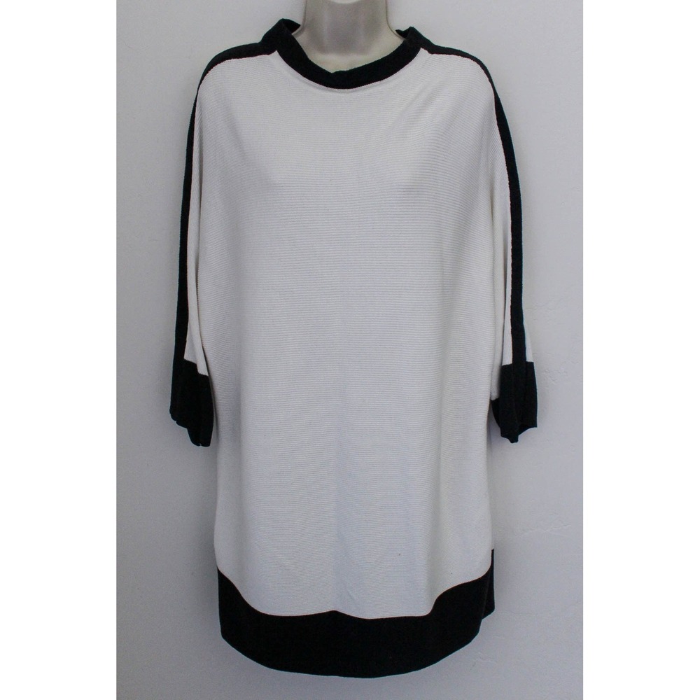 Chico's Tunic Sweater Women XL 3 White Black Colorblock Ribbed Knit Relaxed